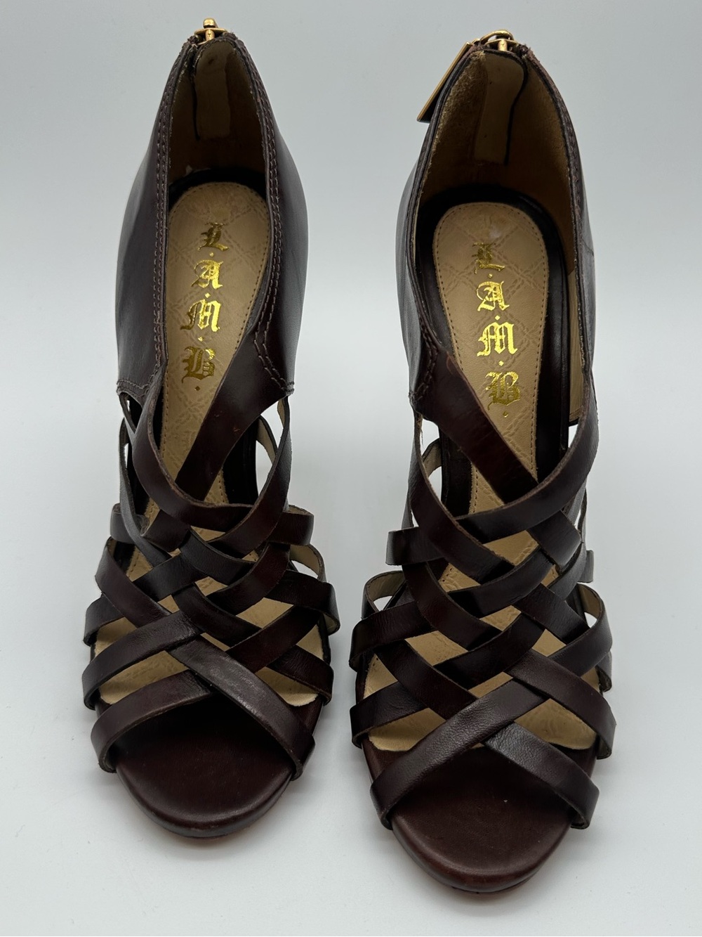L.A.M.B. Gwen Stefani Tammy Leather Cage Gladiator Heels Brown Y2K Designer 8.5